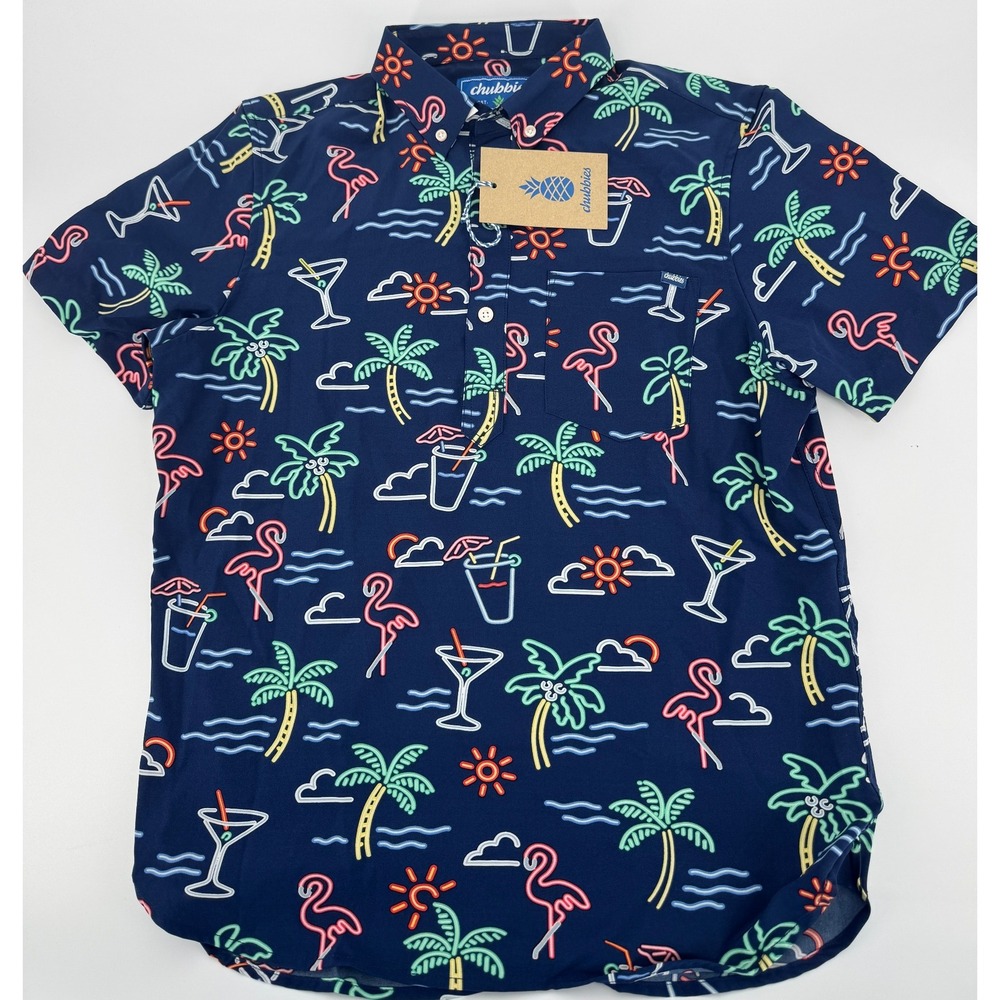 Chubbies Shirt Small Polo The One Man Wolfpack Short Sleeve Palm Tree Flamingo‎